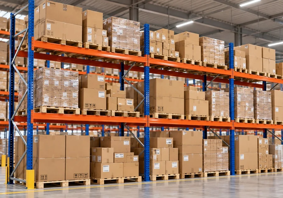 Palletstellingen met voorraad in een magazijn