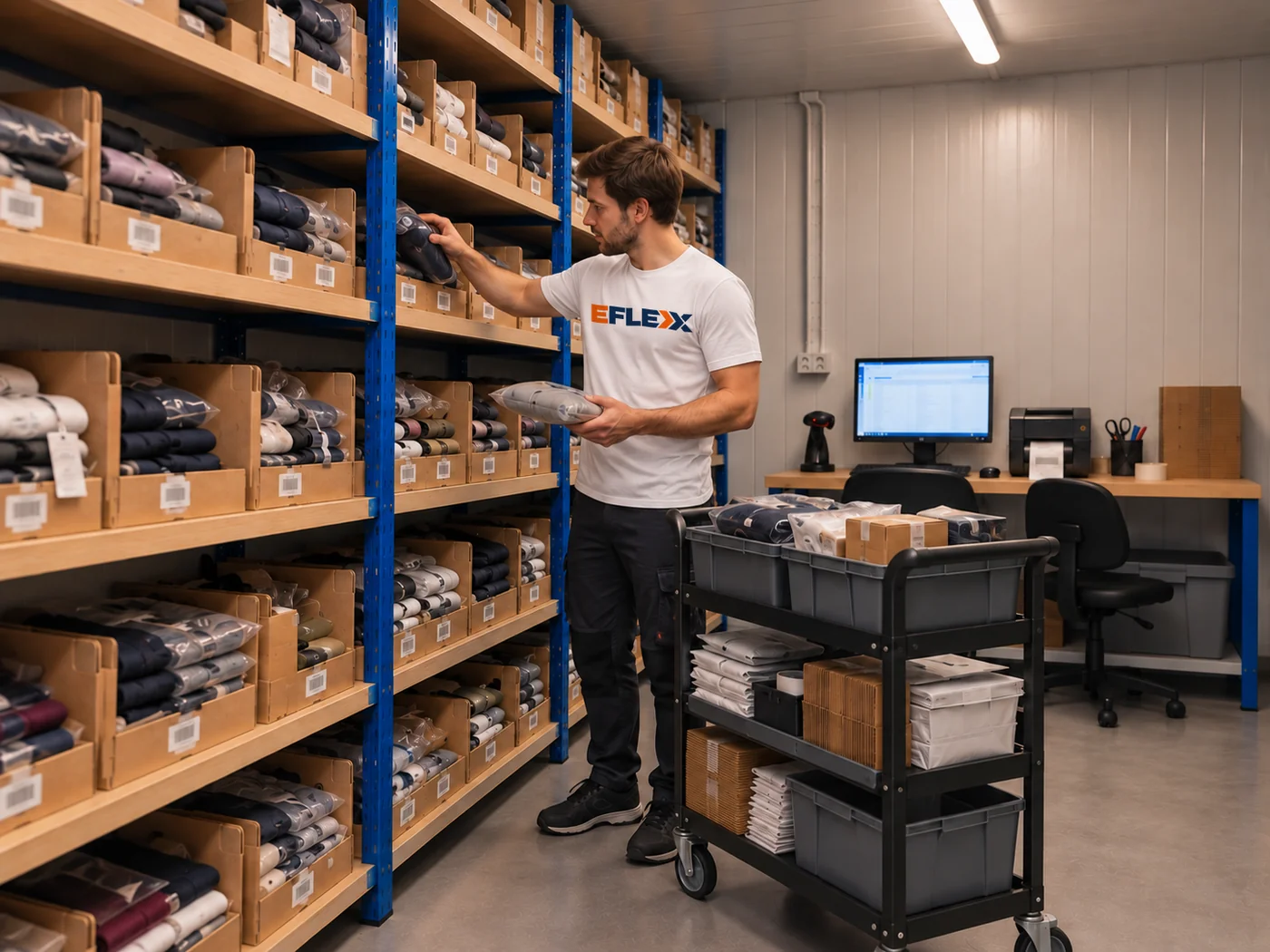 Medewerker van EFLEXX verzamelt een order tussen de stellingen