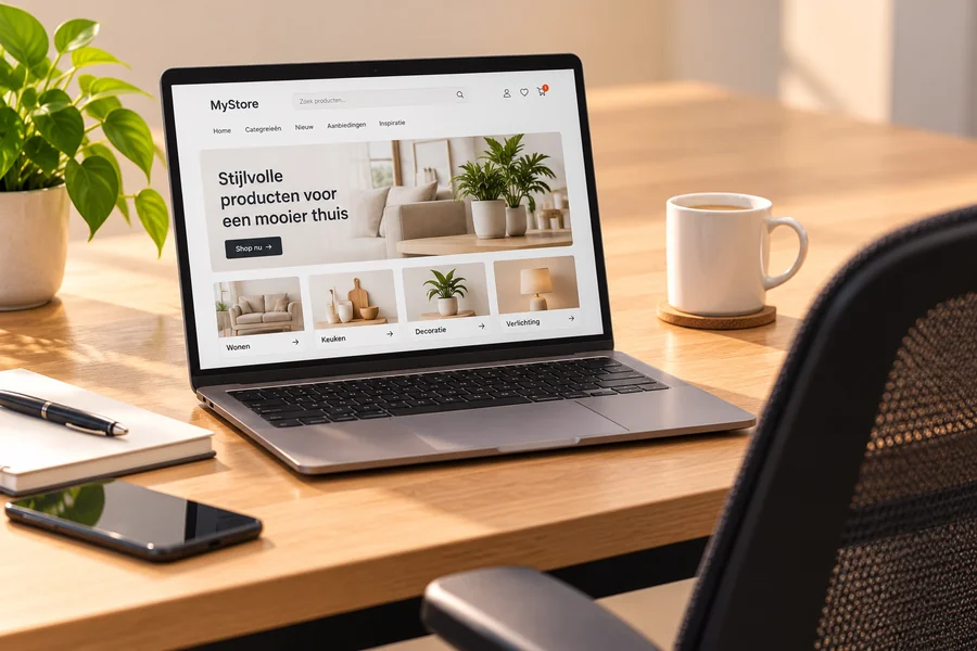 Laptop met een webshop op een bureau bij een flexwerkplek
