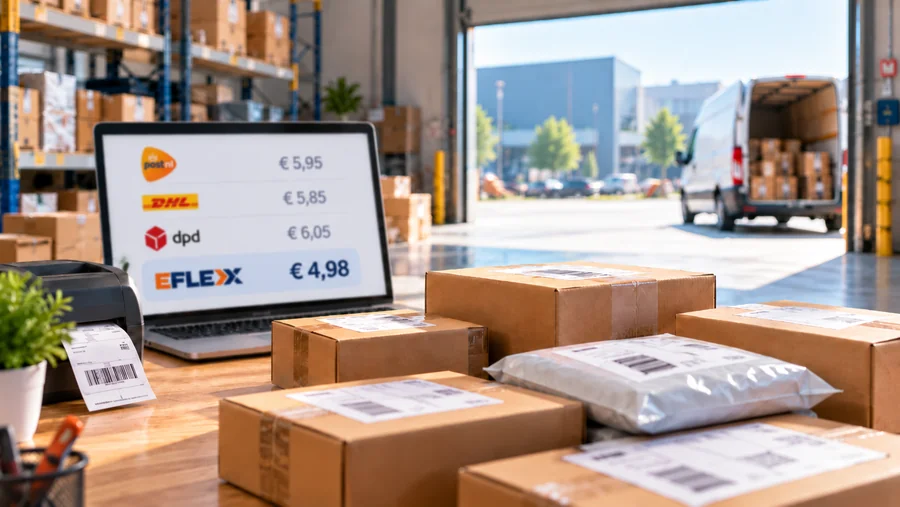 Verzendtafel met pakketten en een bestelbus bij de laaddeur